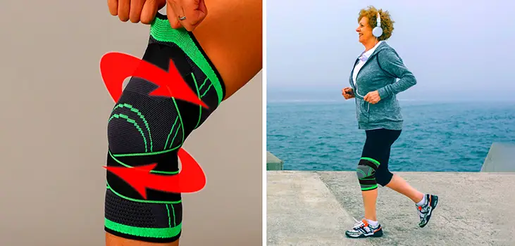 collage of KneeHero and a senior woman running by the sea