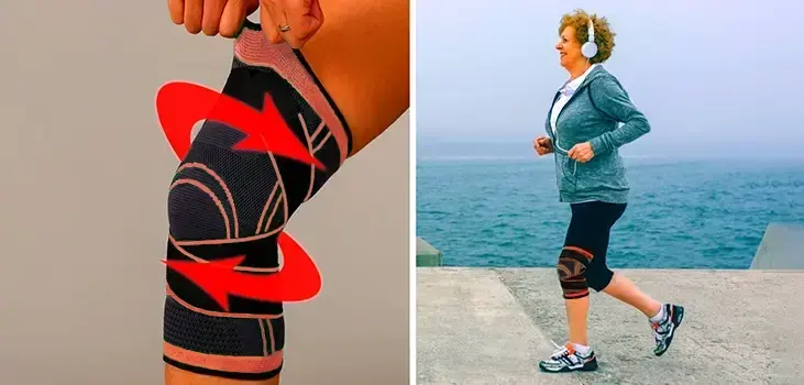 collage of KneeHero and a senior woman running by the sea