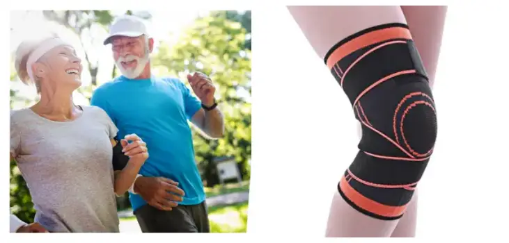 Collage of a senior couple running outdoors happy and KneeHero