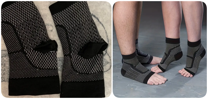 collage of man and woman wearing Comprex compression socks